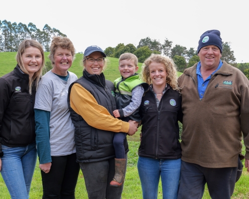 Fonterra's Sam Flight, Cheryl McCartie, Shaelyn Rockcliff, Max Rockcliff, Fonterra's Alison Hall, and Theo van Brecht.